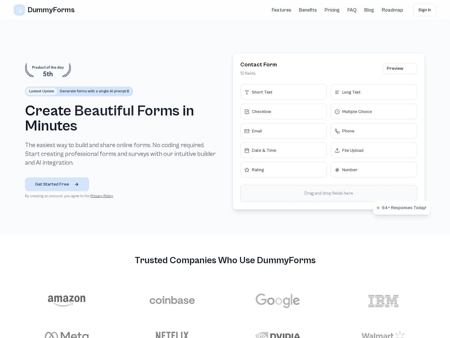 DummyForms live product homepage screenshot