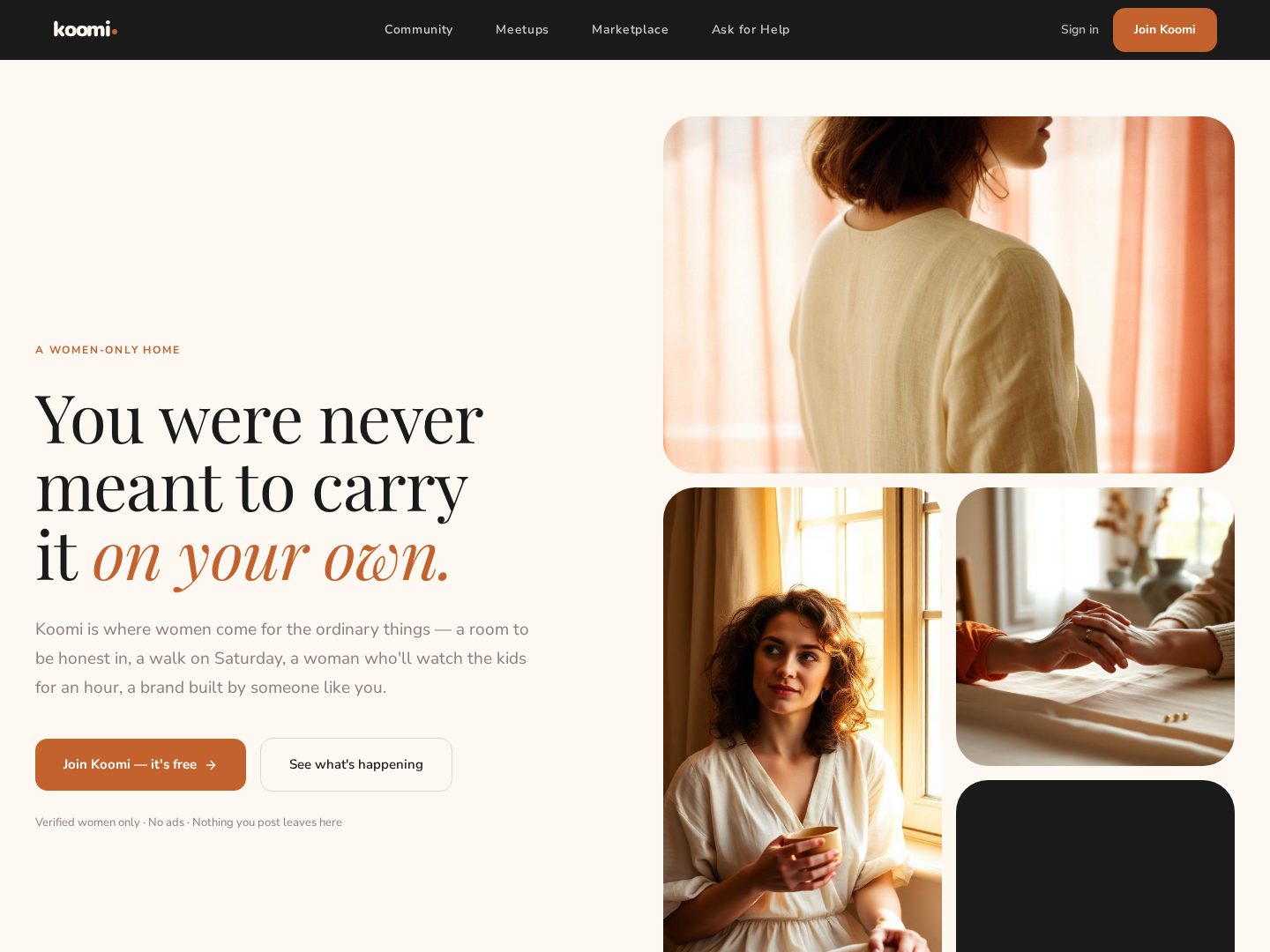 Koomi live product homepage screenshot