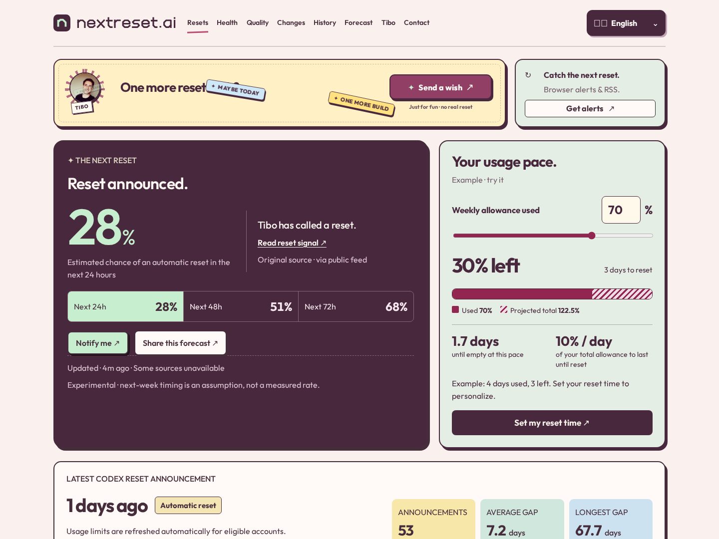 NextReset live product homepage screenshot