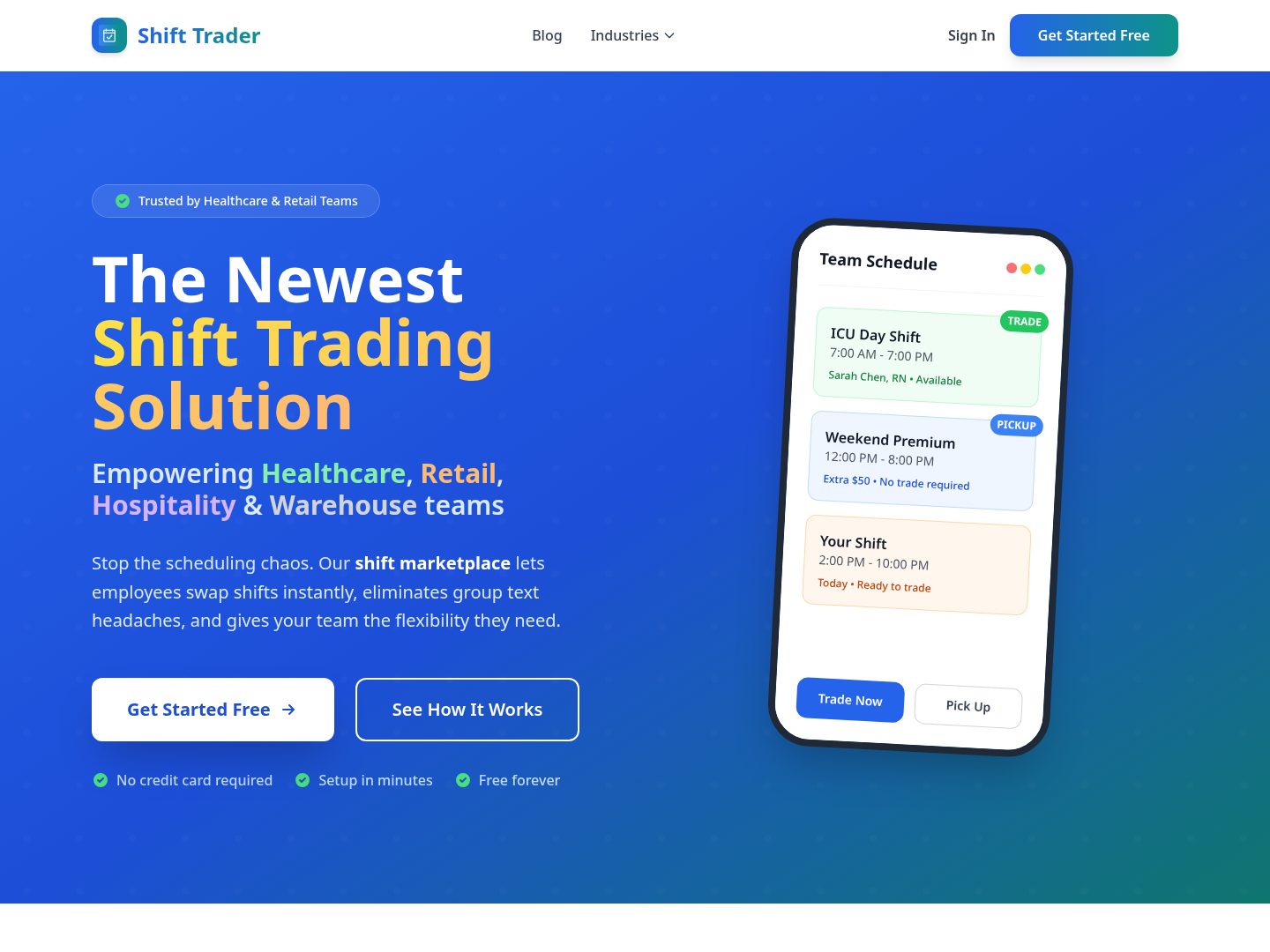 ShiftTrader live product homepage screenshot